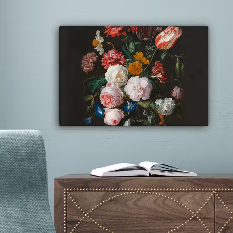 Stilleven met bloemen in een glazen vaas - Schilderij van Jan Davidsz. de Heem canvas 2cm klein -sfeer4