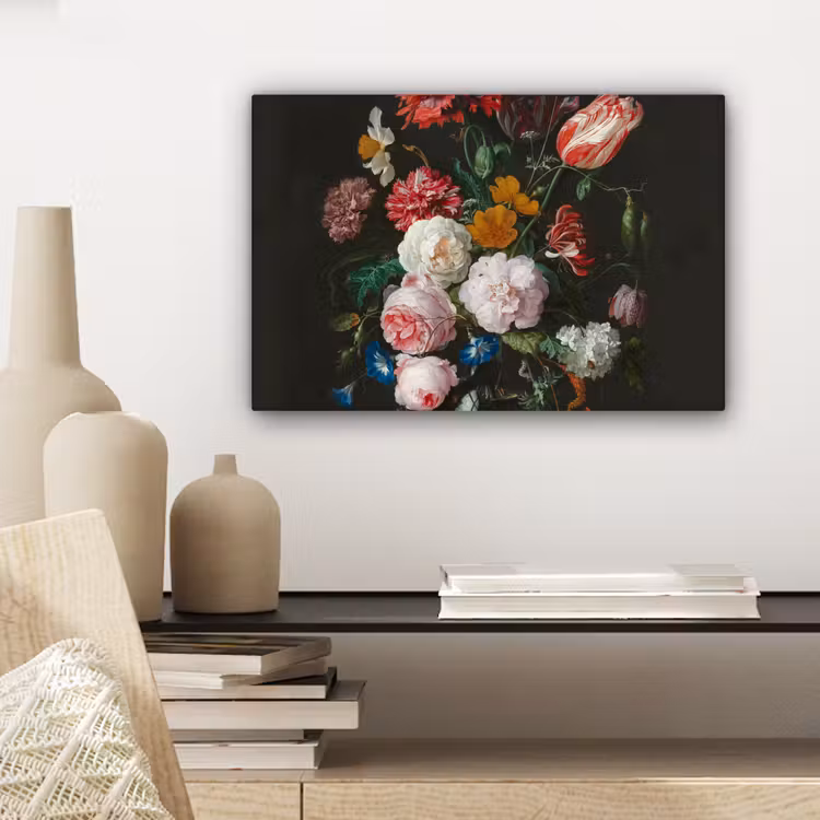 Stilleven met bloemen in een glazen vaas - Schilderij van Jan Davidsz. de Heem canvas 2cm klein -sfeer6