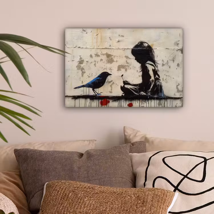 Street art - Meisje - Vogel - Graffiti - Banksy canvas 2cm klein -sfeer1