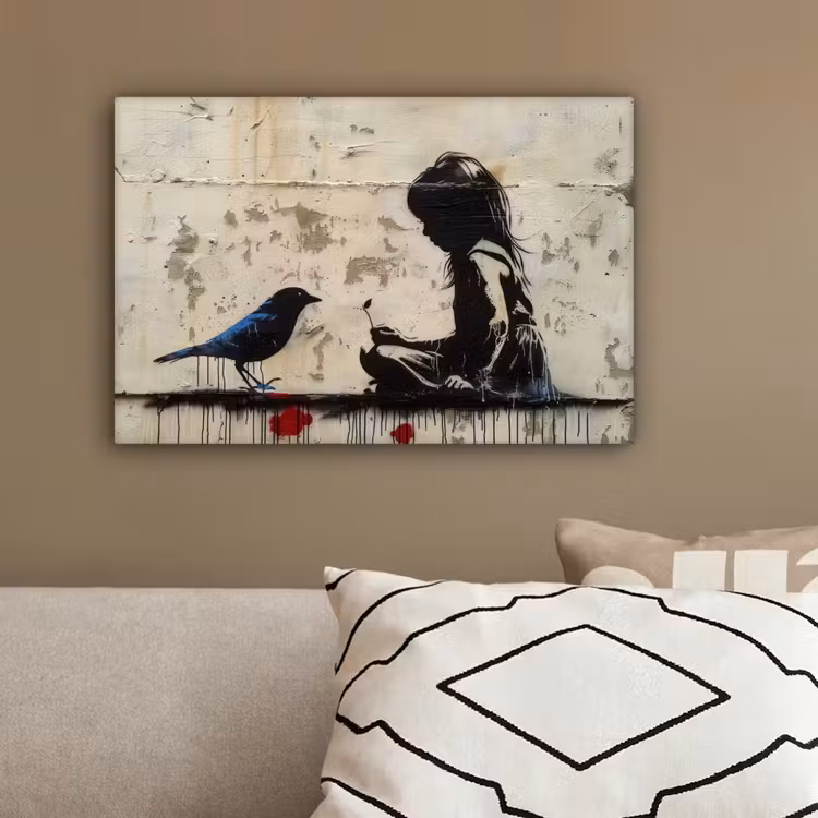 Street art - Meisje - Vogel - Graffiti - Banksy canvas 2cm klein -sfeer3
