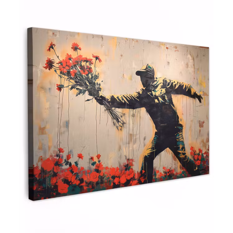 Street art - Man - Bloemen - Rood - Graffiti - Banksy canvas 2cm klein -z3d