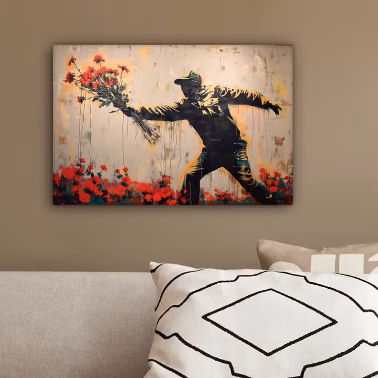 Street art - Man - Bloemen - Rood - Graffiti - Banksy canvas 2cm klein -sfeer3