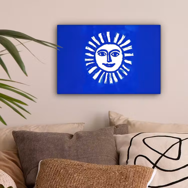 Zon - Gezicht - Penseelstructuur - Blauw canvas 2cm klein -sfeer1