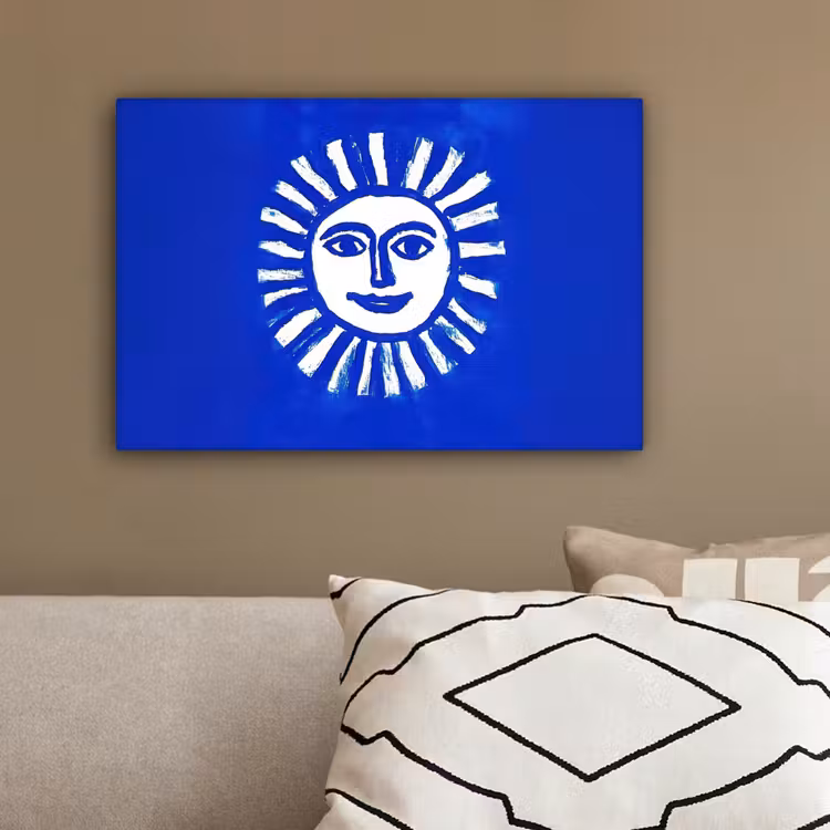 Zon - Gezicht - Penseelstructuur - Blauw canvas 2cm klein -sfeer3
