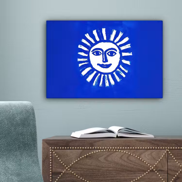 Zon - Gezicht - Penseelstructuur - Blauw canvas 2cm klein -sfeer4