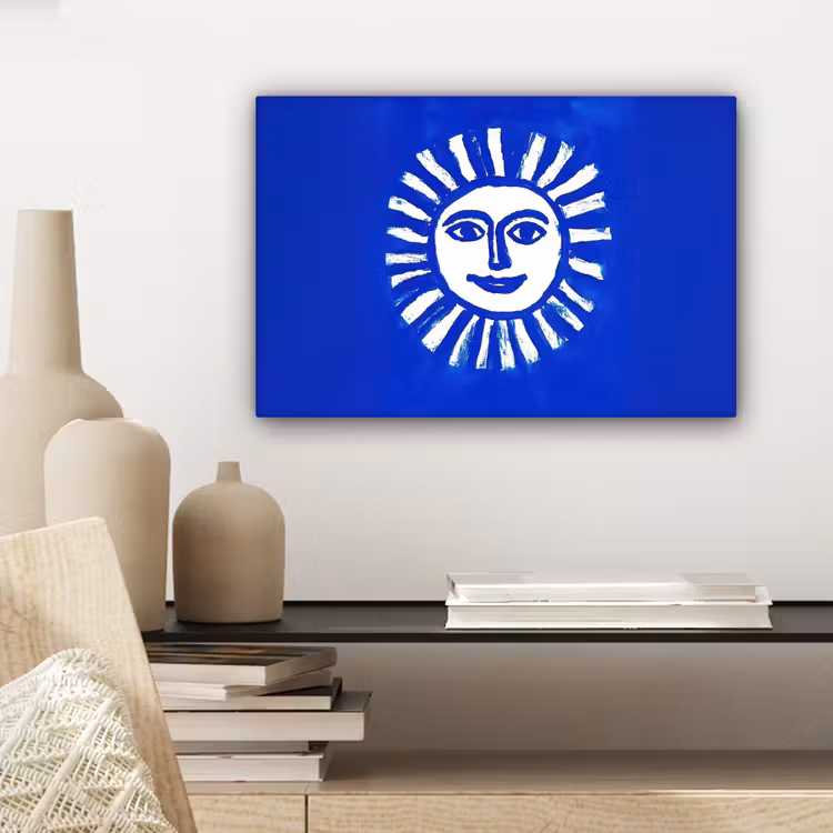 Zon - Gezicht - Penseelstructuur - Blauw canvas 2cm klein -sfeer6