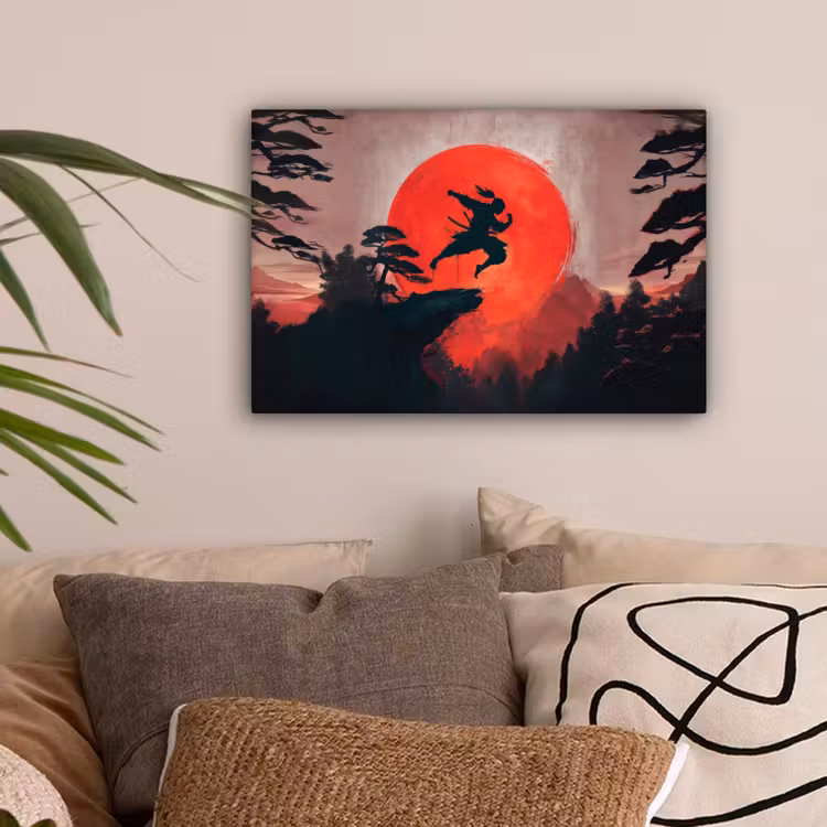 Zon - Krijger - Bomen - Bergen canvas 2cm klein -sfeer1