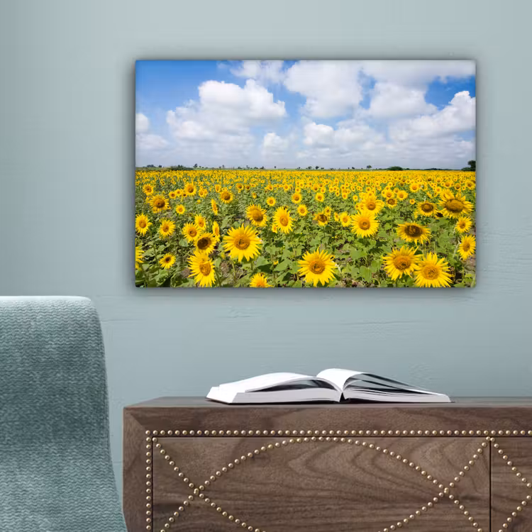Zonnebloemen - Bloemen - Wolken - Natuur - Geel - Landschap canvas 2cm klein -sfeer4
