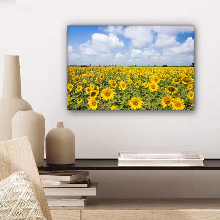 Zonnebloemen - Bloemen - Wolken - Natuur - Geel - Landschap canvas 2cm klein -sfeer6