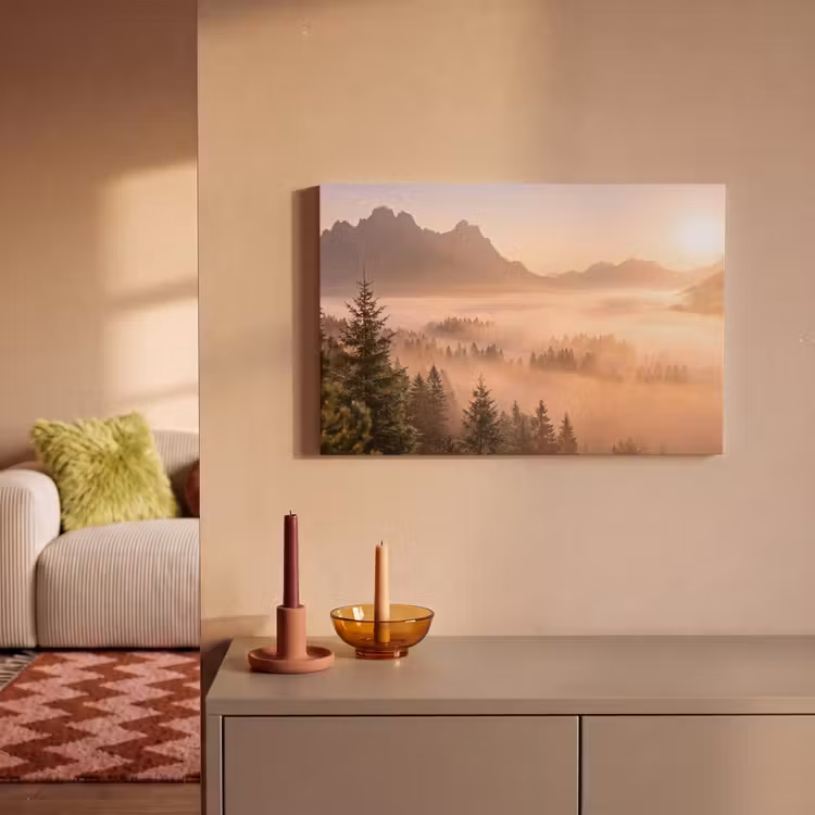 Zonlicht - Mist - Bergen - Bomen canvas 2cm klein -sfeer1