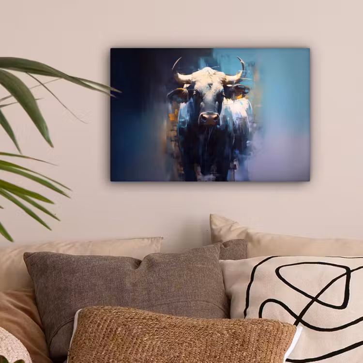 Stier - Zwart - Abstract - Horens canvas 2cm klein -sfeer1