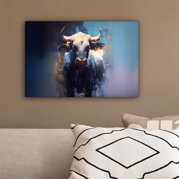 Stier - Zwart - Abstract - Horens canvas 2cm klein -sfeer3