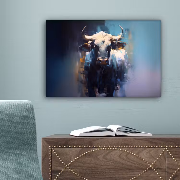 Stier - Zwart - Abstract - Horens canvas 2cm klein -sfeer4