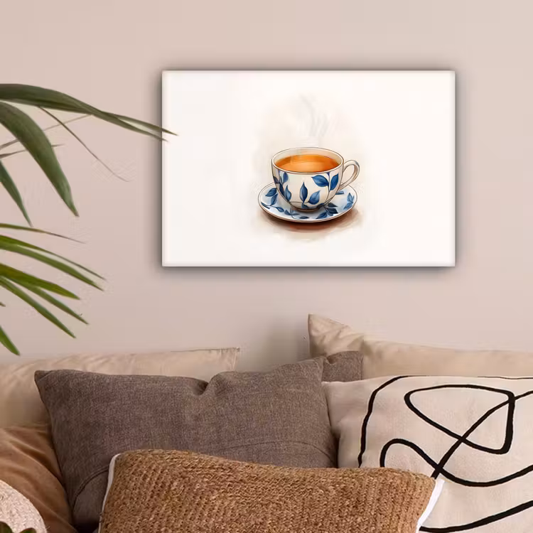 Theekop - Bladeren - Blauw canvas 2cm klein -sfeer1