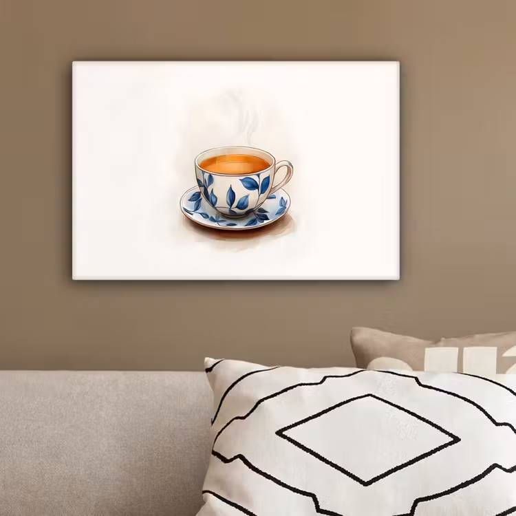 Theekop - Bladeren - Blauw canvas 2cm klein -sfeer3