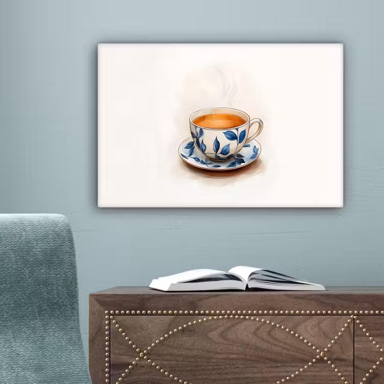 Theekop - Bladeren - Blauw canvas 2cm klein -sfeer4