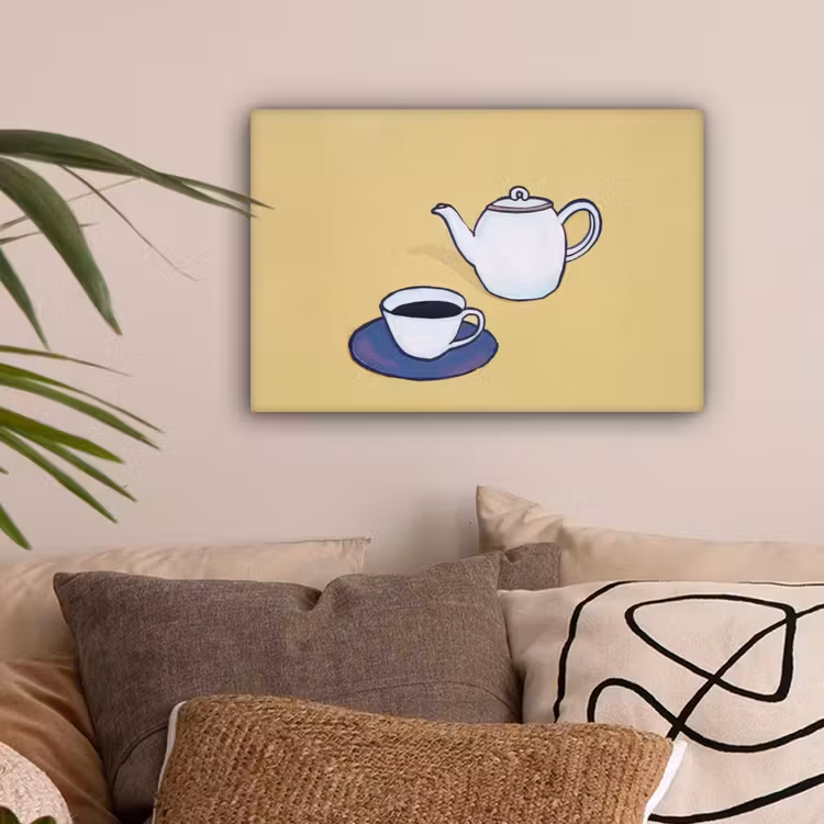 Theepot - Kopje - Beige - Illustratie canvas 2cm klein -sfeer1