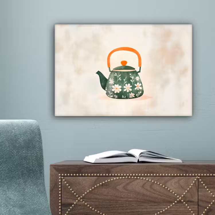 Theepot - Groen - Bloemen - Oranje canvas 2cm klein -sfeer4