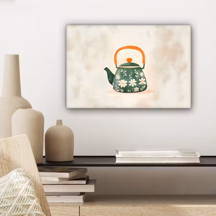 Theepot - Groen - Bloemen - Oranje canvas 2cm klein -sfeer6