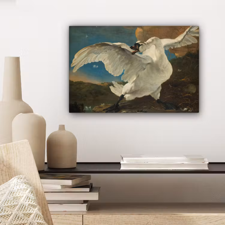 De bedreigde zwaan - Schilderij van Jan Asselijn canvas 2cm klein -sfeer6
