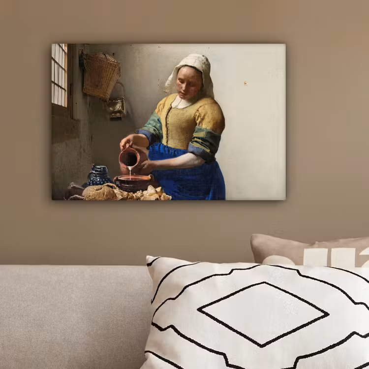 Het melkmeisje - Schilderij van Johannes Vermeer canvas 2cm klein -sfeer3