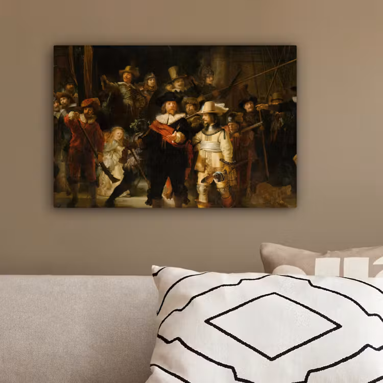 De Nachtwacht - Schilderij van Rembrandt van Rijn canvas 2cm klein -sfeer3