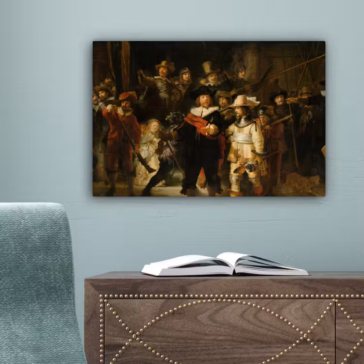 De Nachtwacht - Schilderij van Rembrandt van Rijn canvas 2cm klein -sfeer4