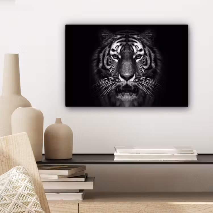 Tijger - Dieren - Zwart - Wit - Portret - Wild canvas 2cm klein -sfeer6