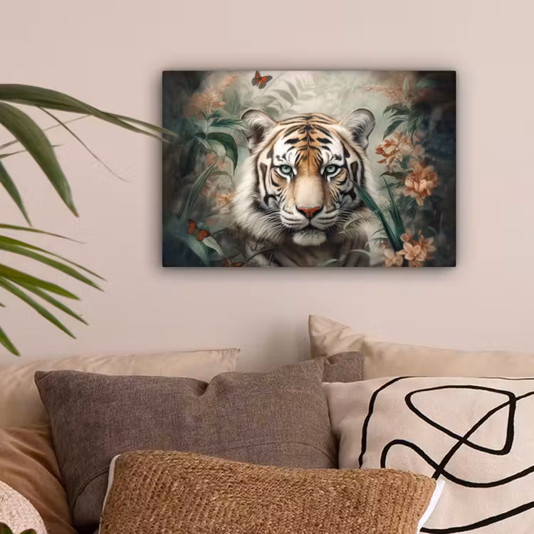 Tijger - Vlinders - Dieren - Jungle - Bloemen canvas 2cm klein -sfeer1