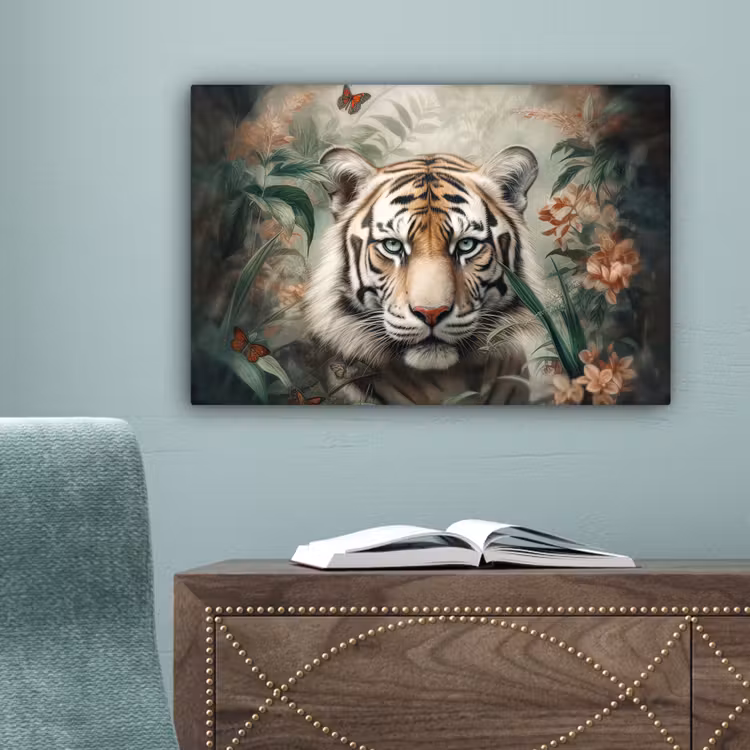 Tijger - Vlinders - Dieren - Jungle - Bloemen canvas 2cm klein -sfeer4
