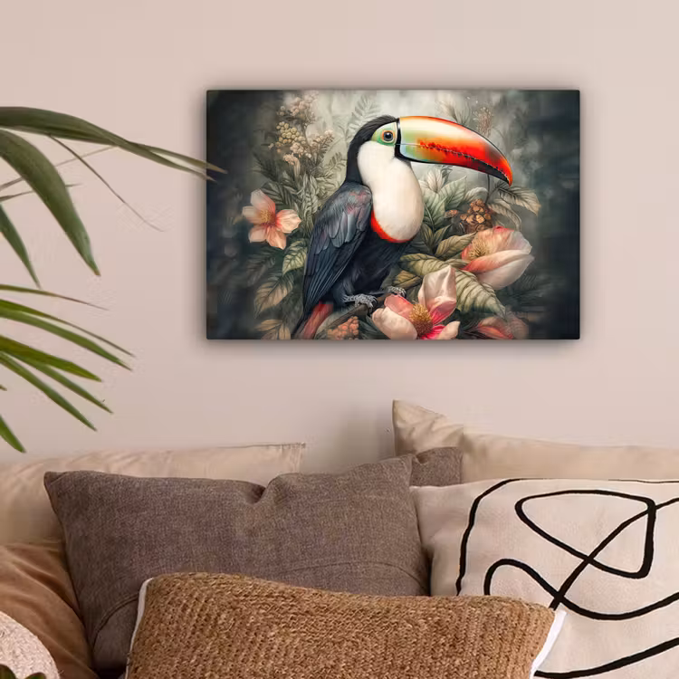 Toekan - Vogels - Bloemen - Planten - Tropisch canvas 2cm klein -sfeer1