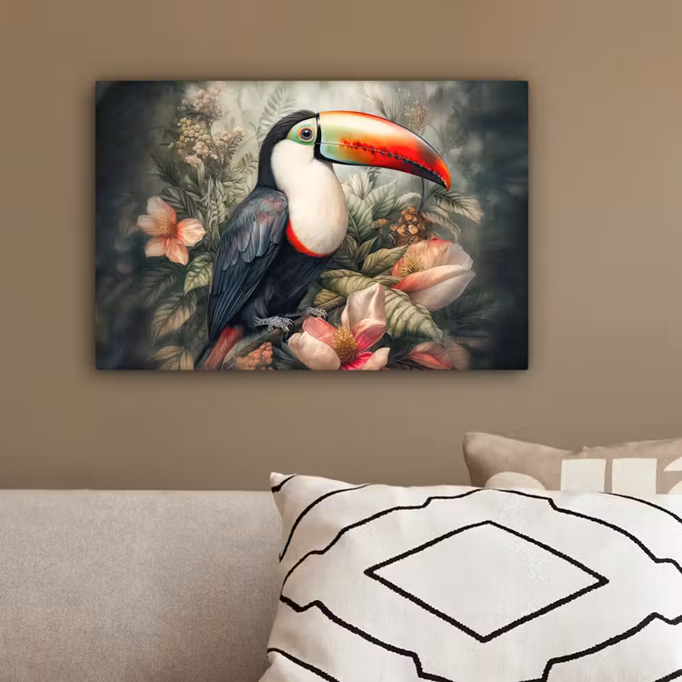 Toekan - Vogels - Bloemen - Planten - Tropisch canvas 2cm klein -sfeer3