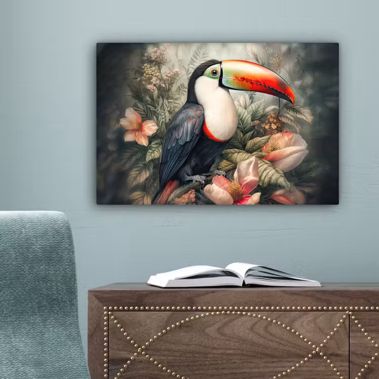 Toekan - Vogels - Bloemen - Planten - Tropisch canvas 2cm klein -sfeer4