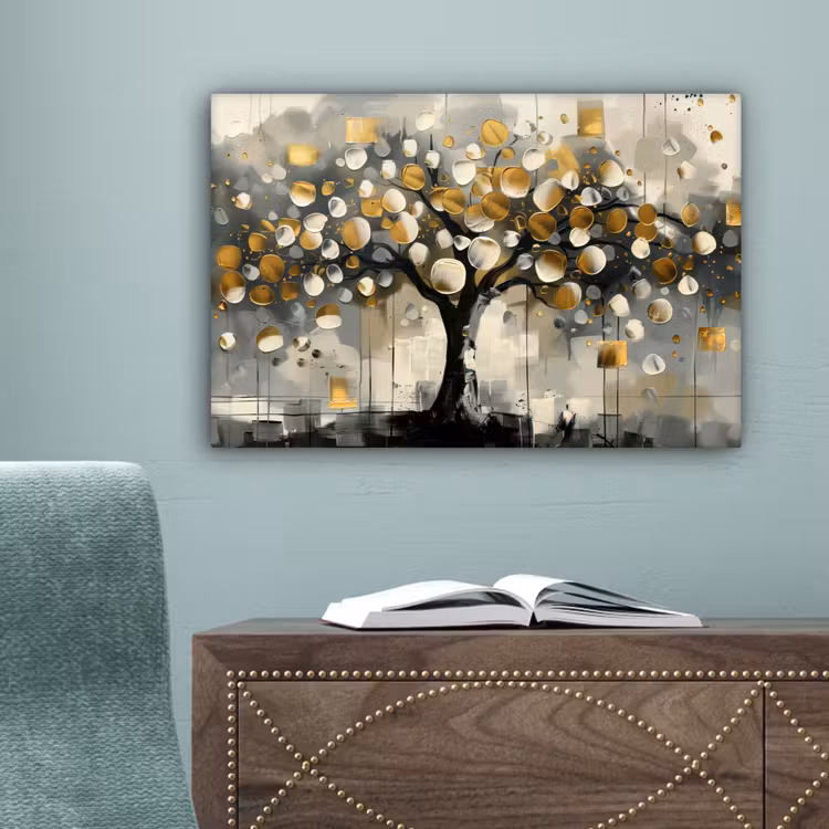 Boom - Abstract - Beige - Goud - Zwart canvas 2cm klein -sfeer4