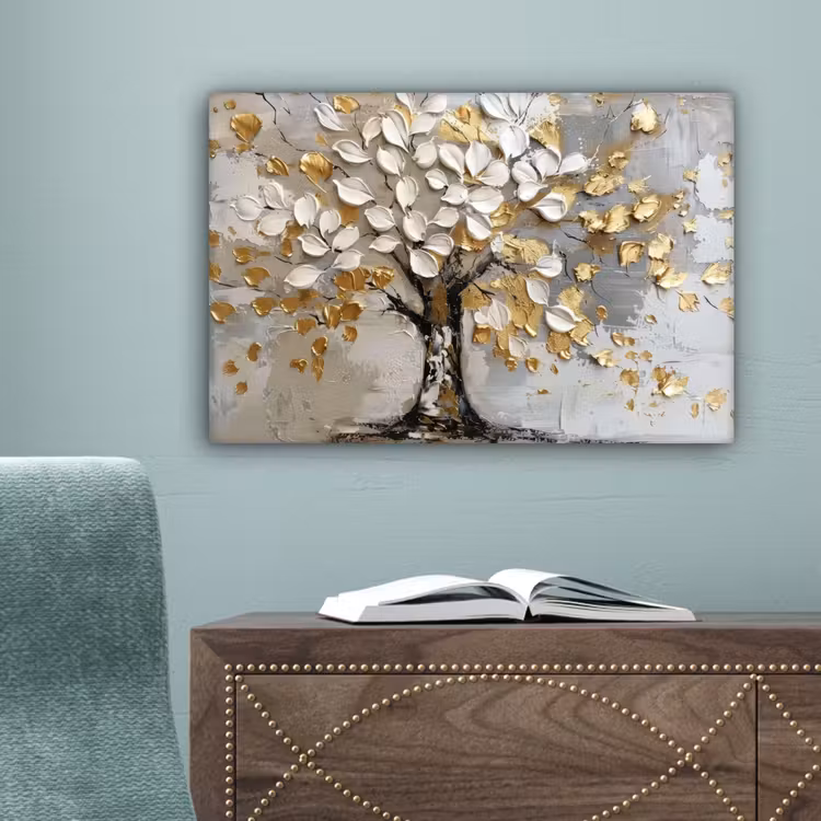 Boom - Beige - Grijs - Goud - Abstract canvas 2cm klein -sfeer4