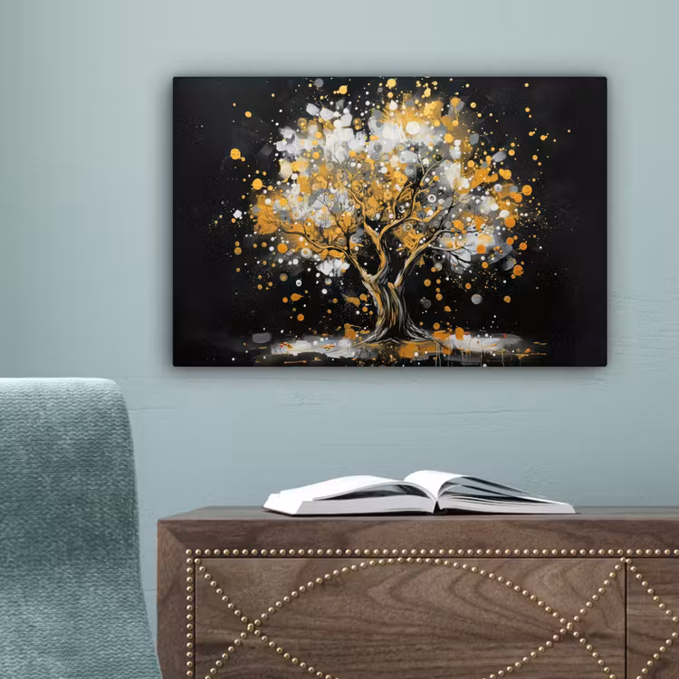 Boom - Zwart - Goud - Wit - Modern canvas 2cm klein -sfeer4