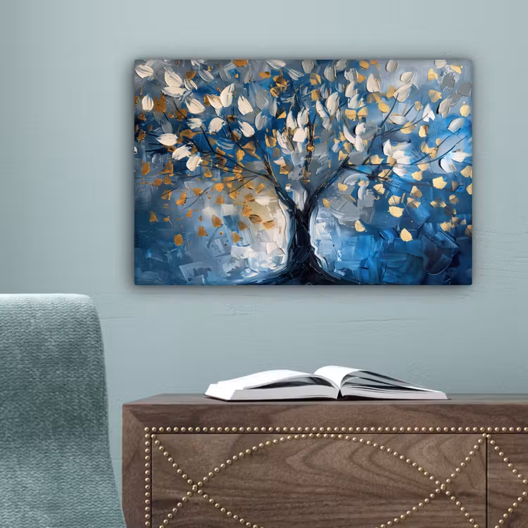 Boom - Blauw - Goud - Abstract canvas 2cm klein -sfeer4
