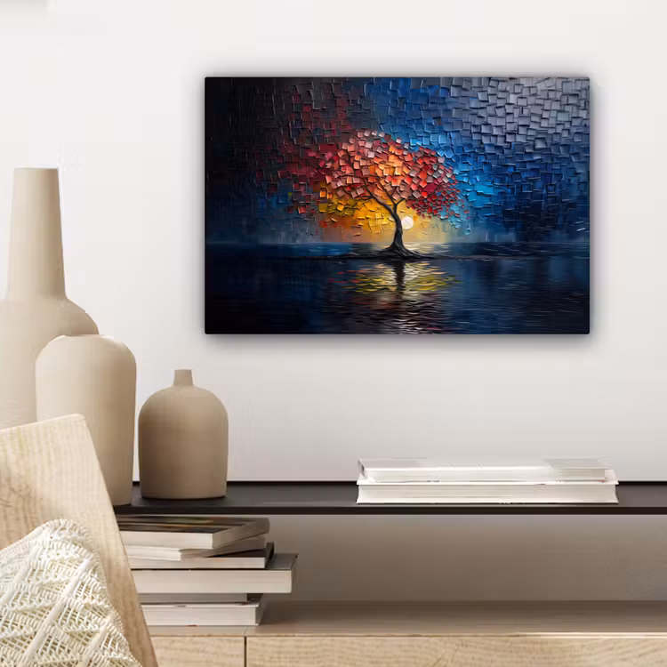 Boom - Blauw - Bladeren - Vakken canvas 2cm klein -sfeer6