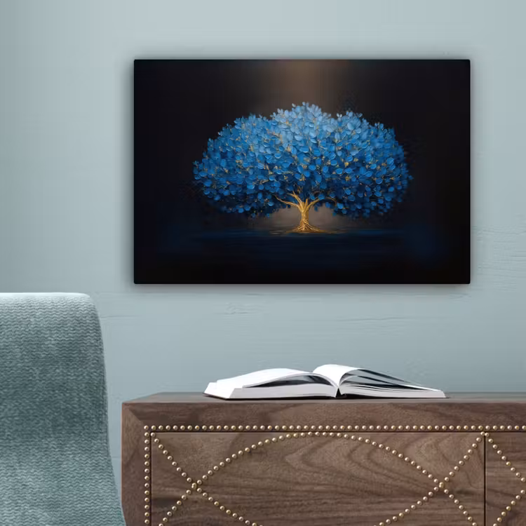 Boom - Blauw - Bladeren - Penseelstreken canvas 2cm klein -sfeer4