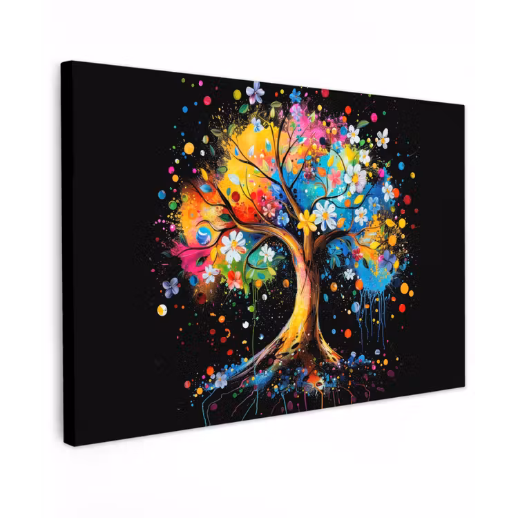 Boom - Kleurrijk - Bloemen - Zwart canvas 2cm klein -z3d