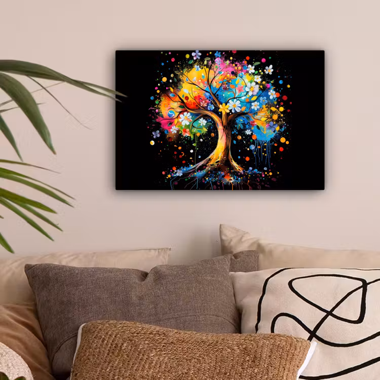 Boom - Kleurrijk - Bloemen - Zwart canvas 2cm klein -sfeer1