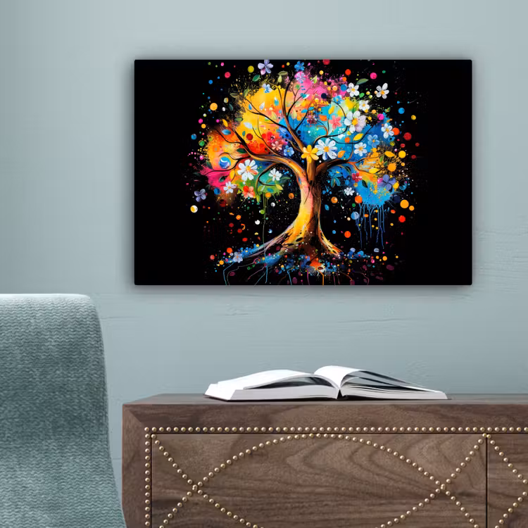Boom - Kleurrijk - Bloemen - Zwart canvas 2cm klein -sfeer4