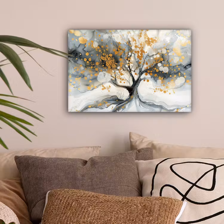 Boom - Modern - Abstract - Goud - Zwart - Wit canvas 2cm klein -sfeer1