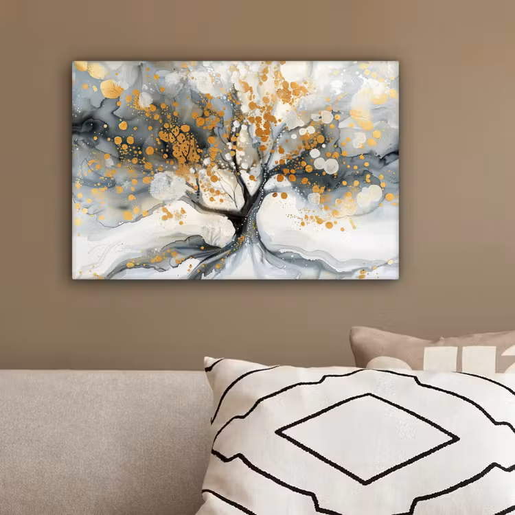 Boom - Modern - Abstract - Goud - Zwart - Wit canvas 2cm klein -sfeer3