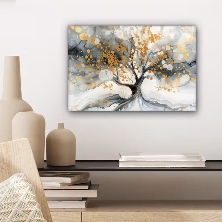Boom - Modern - Abstract - Goud - Zwart - Wit canvas 2cm klein -sfeer6