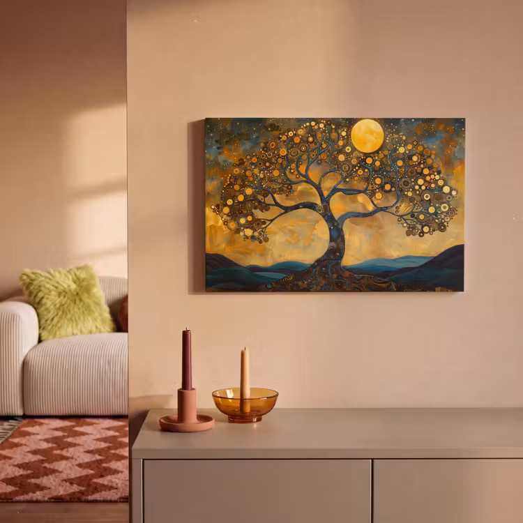Boom - Maan - Bloemen - Goud - Kunst canvas 2cm klein -sfeer1