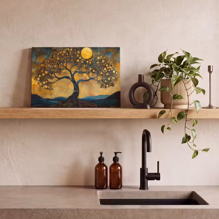 Boom - Maan - Bloemen - Goud - Kunst canvas 2cm klein -sfeer3