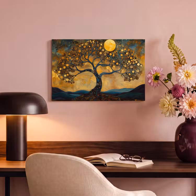 Boom - Maan - Bloemen - Goud - Kunst canvas 2cm klein -sfeer4