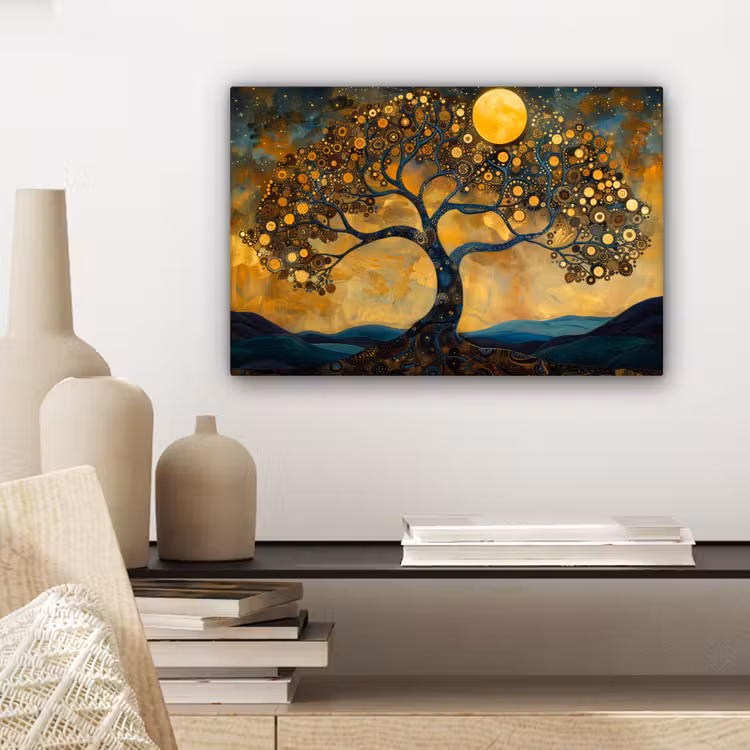 Boom - Maan - Bloemen - Goud - Kunst canvas 2cm klein -sfeer6