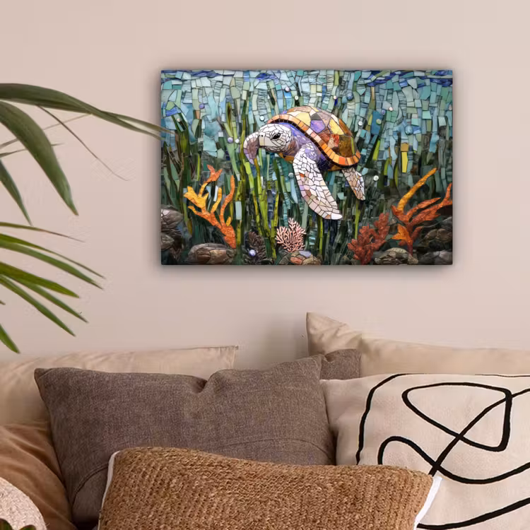 Schildpad - Zeewier - Mozaïek canvas 2cm klein -sfeer1